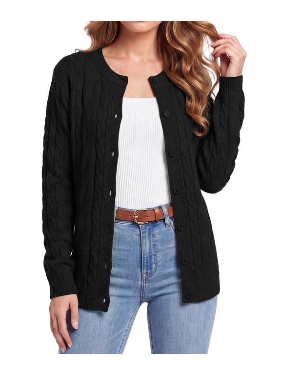 Women's Classic Cable Knit Cardigan Sweater - Button Down Crew Neck Long Sleeve Soft Chunky Knit Khaki Casual Fall Outerwear,Black,XL
