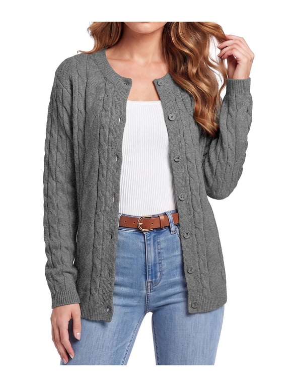 Women's Classic Cable Knit Cardigan Sweater - Button Down Crew Neck Long Sleeve Soft Chunky Knit Khaki Casual Fall Outerwear,Grey,M
