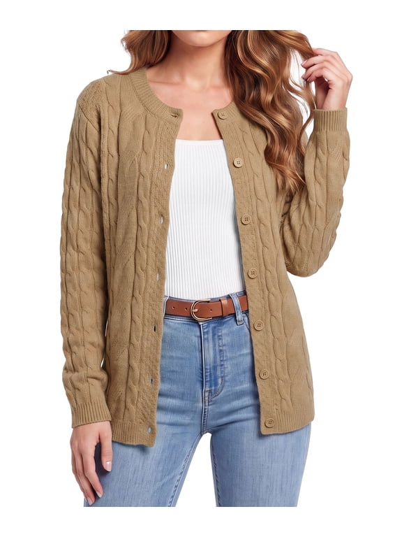 Women's Classic Cable Knit Cardigan Sweater - Button Down Crew Neck Long Sleeve Soft Chunky Knit Khaki Casual Fall Outerwear,Khaki,XL