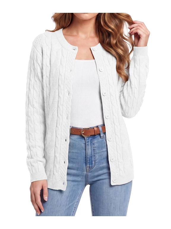 Women's Classic Cable Knit Cardigan Sweater - Button Down Crew Neck Long Sleeve Soft Chunky Knit Khaki Casual Fall Outerwear,White,2XL
