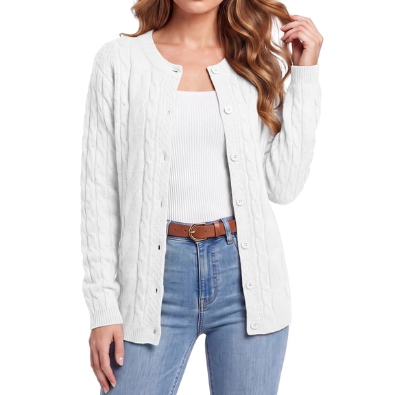 Uvplove Women's Classic Cable Knit Cardigan Sweater - Button Down Crew Neck Long Sleeve Soft Chunky Knit Khaki Casual Fall Outerwear,White,XL