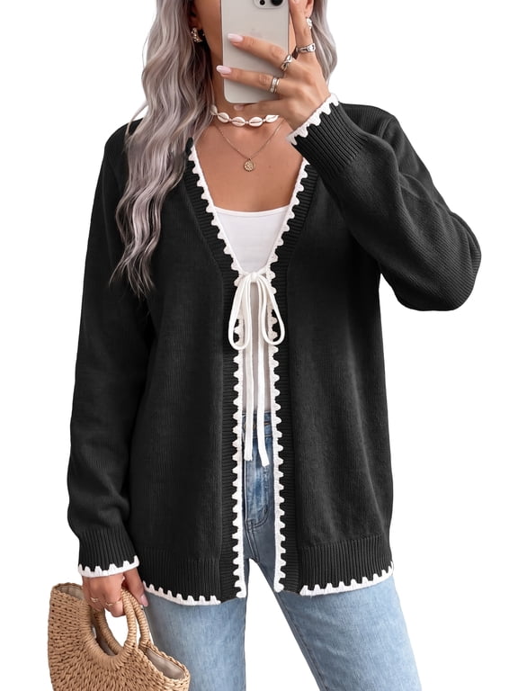 Women's Contrast Trim Tie Front Cardigan Sweater - V Neck Long Sleeve Casual Knit Open Front Top,Black,L