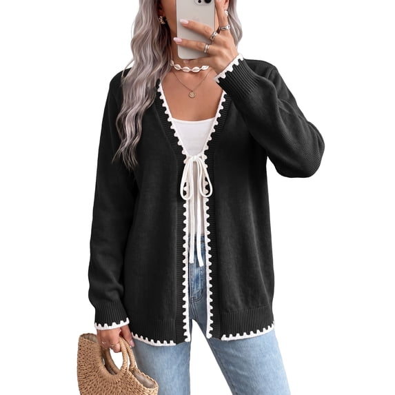 Uvplove Women's Contrast Trim Tie Front Cardigan Sweater - V Neck Long Sleeve Casual Knit Open Front Top,Black,S