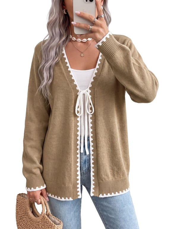 Women's Contrast Trim Tie Front Cardigan Sweater - V Neck Long Sleeve Casual Knit Open Front Top,Camel,M