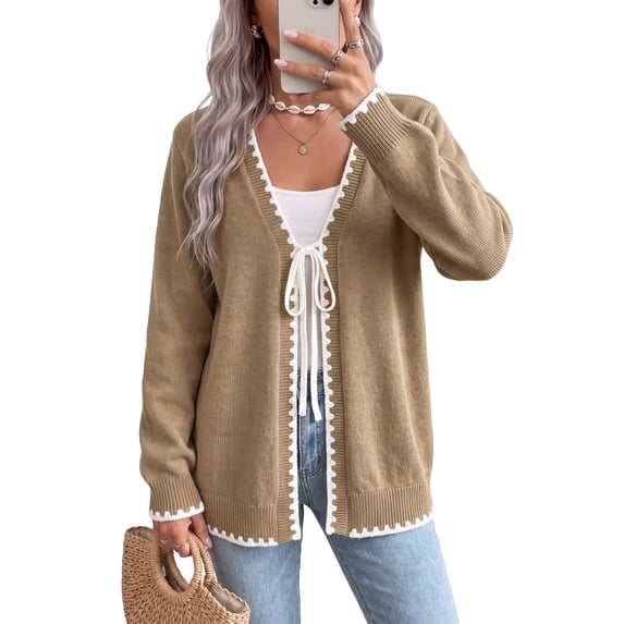 Uvplove Women's Contrast Trim Tie Front Cardigan Sweater - V Neck Long Sleeve Casual Knit Open Front Top,Camel,XL