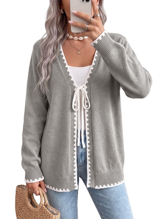 Women's Contrast Trim Tie Front Cardigan Sweater - V Neck Long Sleeve Casual Knit Open Front Top,Grey,2XL