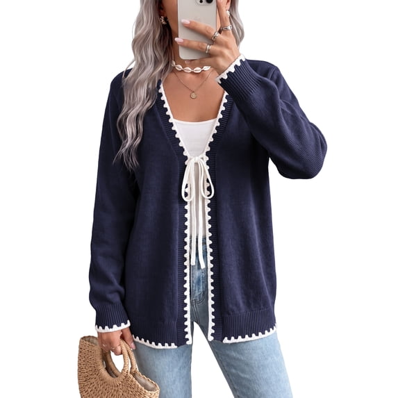 Uvplove Women's Contrast Trim Tie Front Cardigan Sweater - V Neck Long Sleeve Casual Knit Open Front Top,Navy Blue,XL