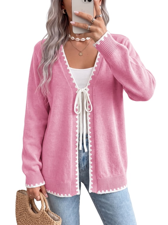 Women's Contrast Trim Tie Front Cardigan Sweater - V Neck Long Sleeve Casual Knit Open Front Top,Pink,M