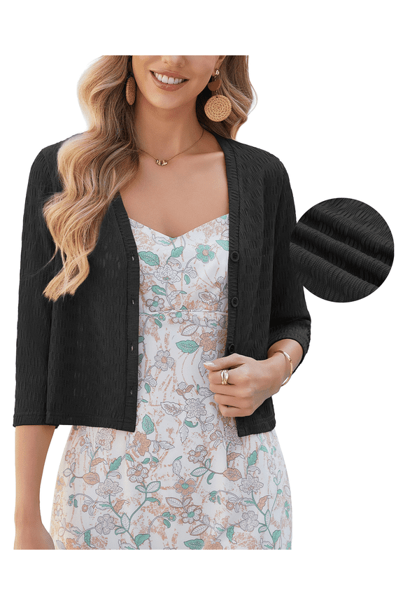 Women's Cropped V-Neck Knit Cardigan Button Lightweight Soft Hollowed-Out Textured Shrug,Black,XL