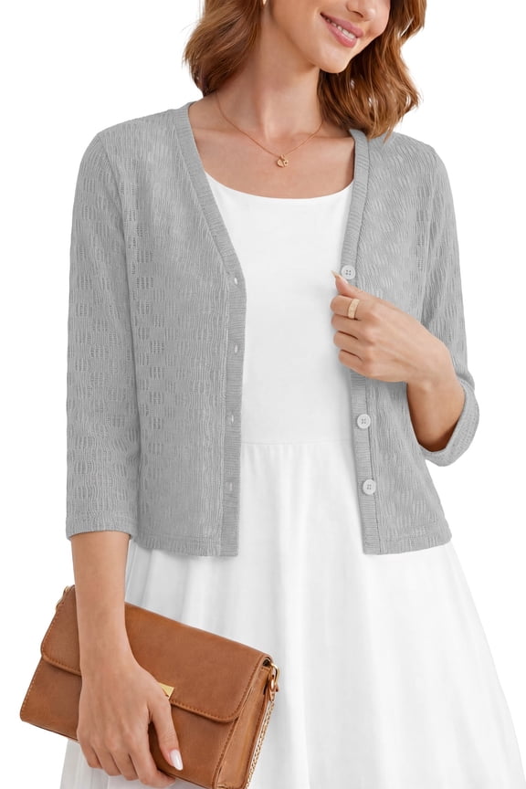 Women's Cropped V-Neck Knit Cardigan Button Lightweight Soft Hollowed-Out Textured Shrug,Light Grey,M
