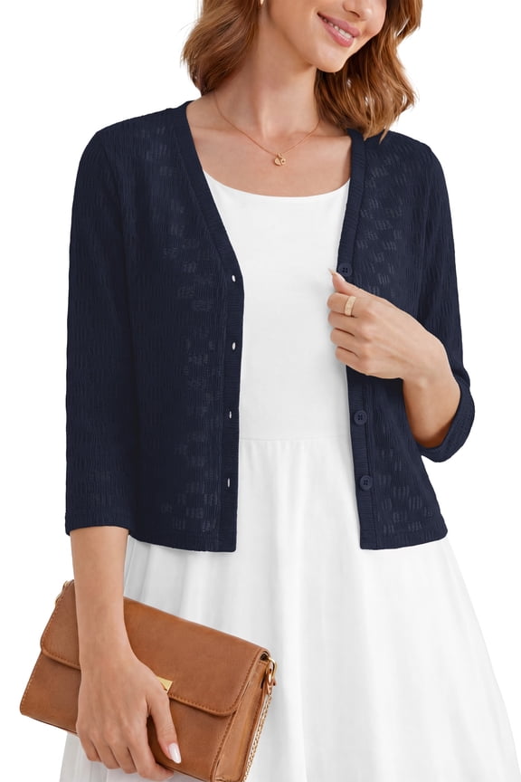 Women's Cropped V-Neck Knit Cardigan Button Lightweight Soft Hollowed-Out Textured Shrug,Navy Blue,L