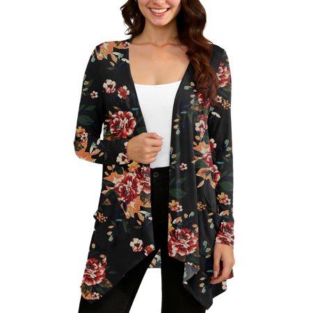 Uvplove Women Lightweight Long Sleeve Knit Cardigan with Pockets,Brown Floral Black,M,(S-3XL)