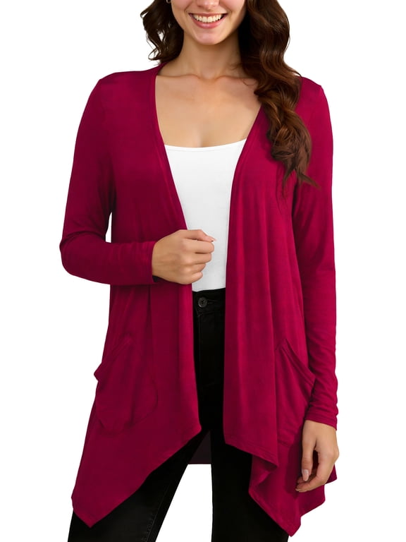 Women Lightweight Long Sleeve Knit Cardigan with Pockets,Wine Red,L,(S-3XL)
