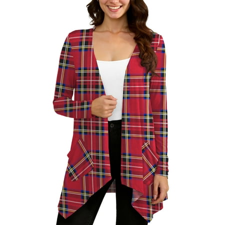 Uvplove Women Lightweight Long Sleeve Knit Cardigan with Pockets,Floral Red Grid,S,(S-3XL)
