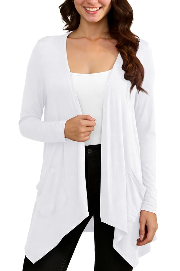 Women Lightweight Long Sleeve Knit Cardigan with Pockets,White,S,(S-3XL)