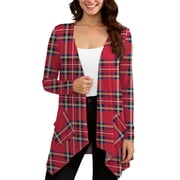 Uvplove Women Lightweight Long Sleeve Knit Cardigan with Pockets,Floral Red Grid,XL,(S-3XL)