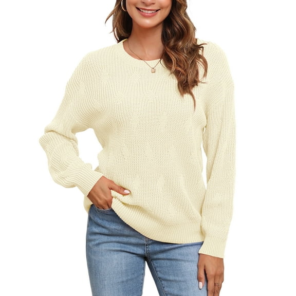 Uvplove Women's Long Sleeve Crew Neck Knitted Pullover Sweater beige white-2xl