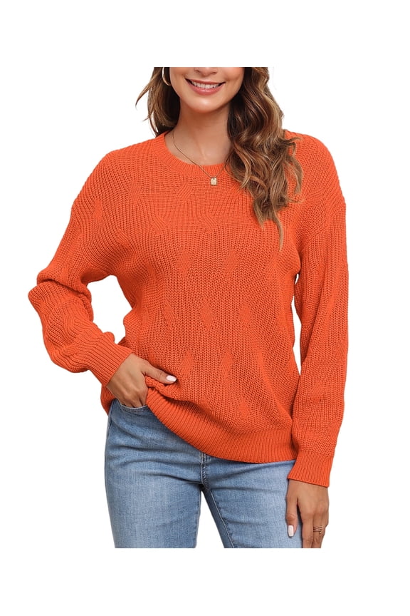 Women's Long Sleeve Crew Neck Knitted Pullover Sweater orange-m