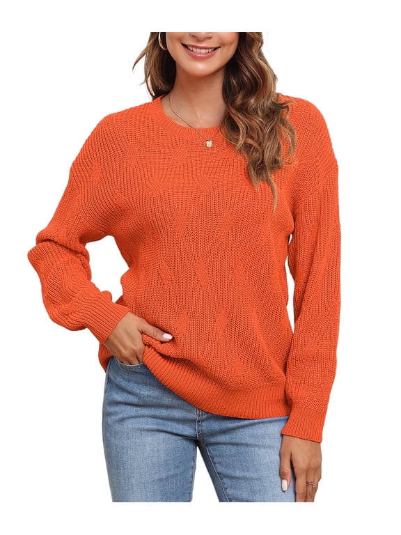 Women's Long Sleeve Crew Neck Knitted Pullover Sweater orange-m