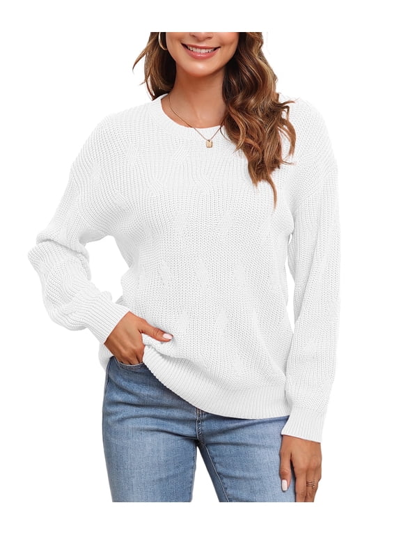 Women's Long Sleeve Crew Neck Knitted Pullover Sweater white-xl