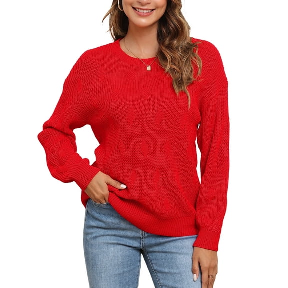 Uvplove Women's Long Sleeve Crew Neck Knitted Pullover Sweater x red-l