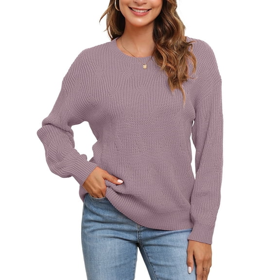 Uvplove Women's Long Sleeve Crew Neck Knitted Pullover Sweater yh purple-xl