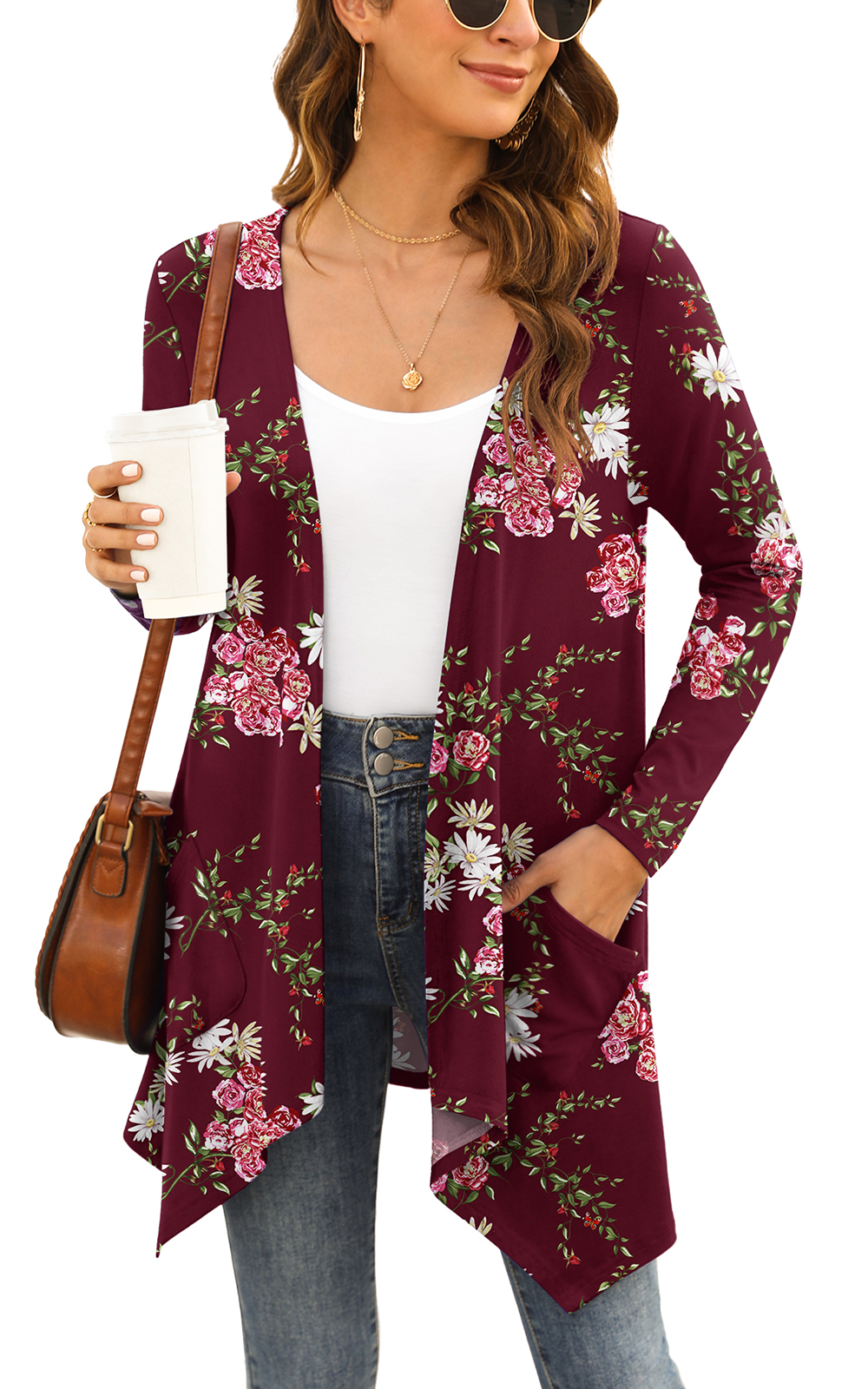 Uvplove Women's Lightweight Cardigan Casual Soft Long Sleeve Floral Knit Cardigans with Pockets