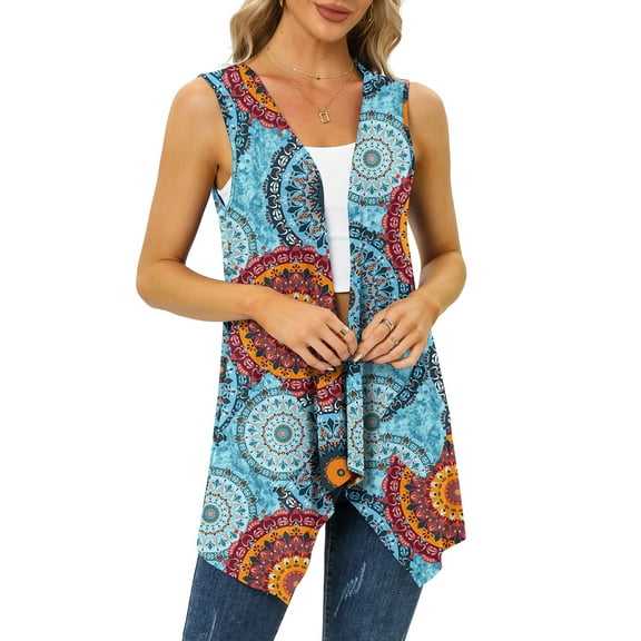 Uvplove Women's Summer Sleeveless Soft Knit Cardigan with Pockets High Low Drape Front Open Cardigan Blouse,Floral_Round_Blue,Large