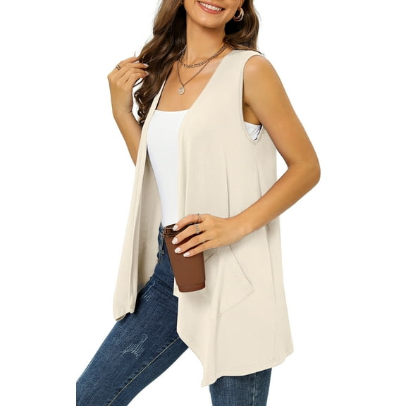 Uvplove Women's Summer Sleeveless Soft Knit Cardigan with Pockets High Low Drape Front Open Cardigan Blouse,Light_Apricot,XXLarge