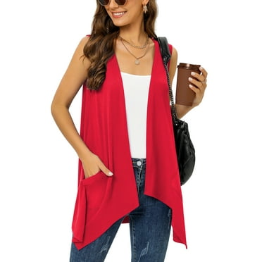Uvplove Women's Summer Sleeveless Soft Knit Cardigan with Pockets High Low Drape Front Open Cardigan Blouse,Red,Large