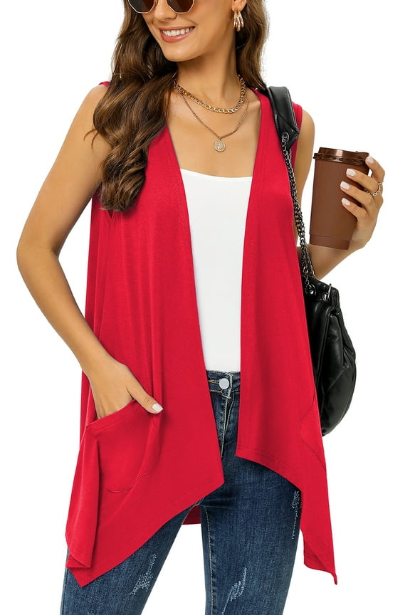 Women's Summer Sleeveless Soft Knit Cardigan with Pockets High Low Drape Front Open Cardigan Blouse,Red,Large