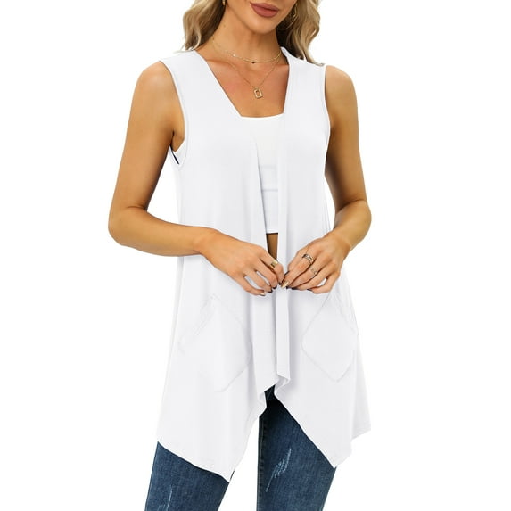 Uvplove Women's Summer Sleeveless Soft Knit Cardigan with Pockets High Low Drape Front Open Cardigan Blouse,White,S