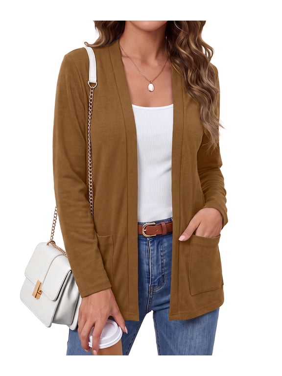 Women's Lightweight Open Front Long Cardigan - Soft Stretch V-Neck Casual Knit Fall Winter Layering Outerwear with Front Pockets,Brown,XL