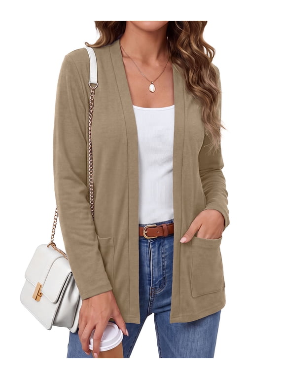 Women's Lightweight Open Front Long Cardigan - Soft Stretch V-Neck Casual Knit Fall Winter Layering Outerwear with Front Pockets,Khaki,M