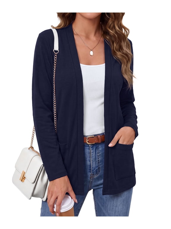 Women's Lightweight Open Front Long Cardigan - Soft Stretch V-Neck Casual Knit Fall Winter Layering Outerwear with Front Pockets,Navy Blue,M
