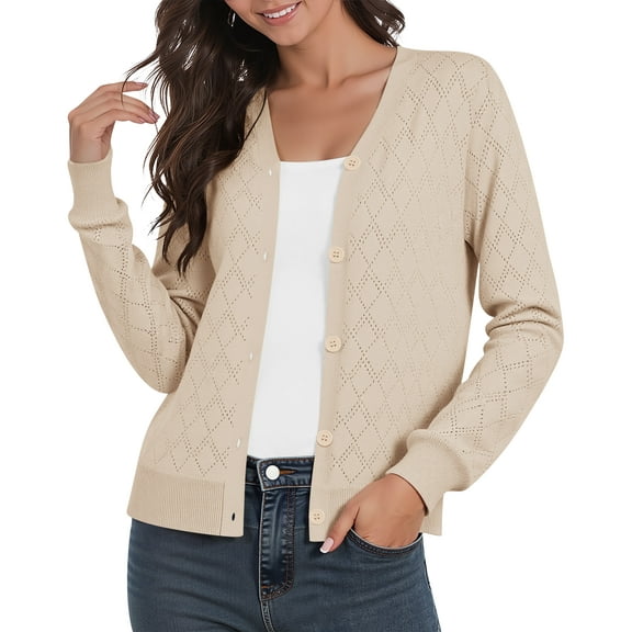 Uvplove Women's Long Sleeve Cardigan Lightweight Crochet Diamond-Knit Sweater,Apricot,M-3XL