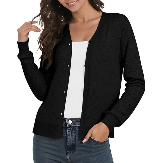 Uvplove Women's Long Sleeve Cardigan Lightweight Crochet Diamond-Knit Sweater,Black,M-3XL