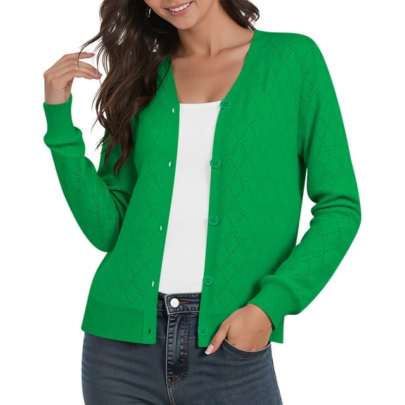 Uvplove Women's Long Sleeve Cardigan Lightweight Crochet Diamond-Knit Sweater,Green,M-3XL
