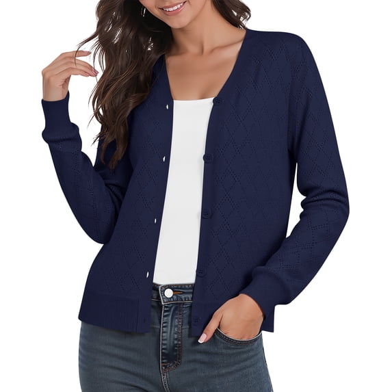 Uvplove Women's Long Sleeve Cardigan Lightweight Crochet Diamond-Knit Sweater,Navy blue,M-3XL