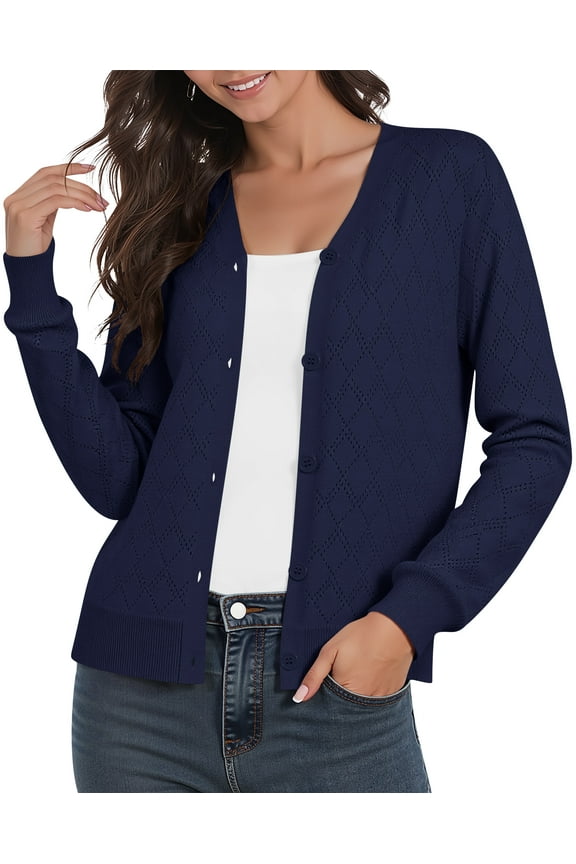 Women's Long Sleeve Cardigan Lightweight Crochet Diamond-Knit Sweater,Navy blue,M-3XL