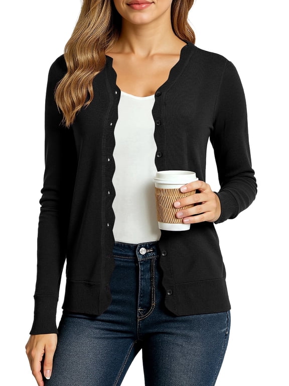 Women's Long Sleeve Cardigan V-Neck Oufits Knit Button Down Casual Sweater,Black,M-3XL
