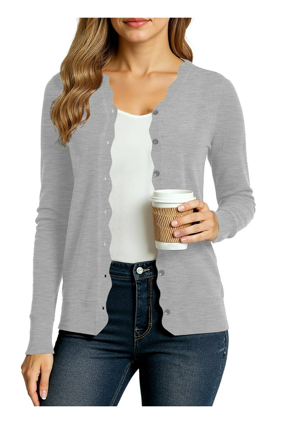 Women's Long Sleeve Cardigan V-Neck Oufits Knit Button Down Casual Sweater,Gray,M-3XL
