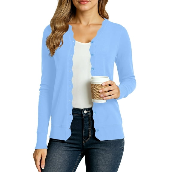 Uvplove Women's Long Sleeve Cardigan V-Neck Oufits Knit Button Down Casual Sweater,Light Blue,M-3XL