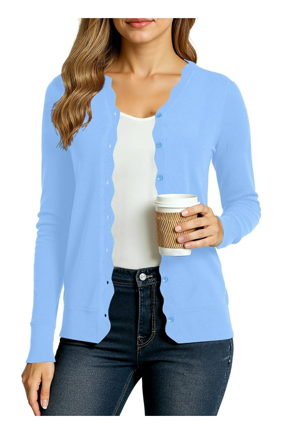 Women's Long Sleeve Cardigan V-Neck Oufits Knit Button Down Casual Sweater,Light Blue,M-3XL