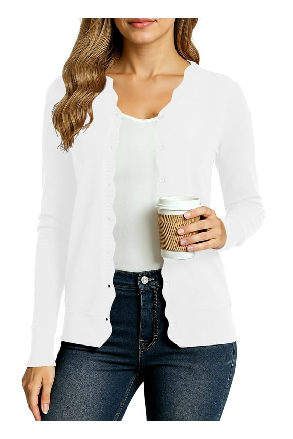 Women's Long Sleeve Cardigan V-Neck Oufits Knit Button Down Casual Sweater,White,M-3XL