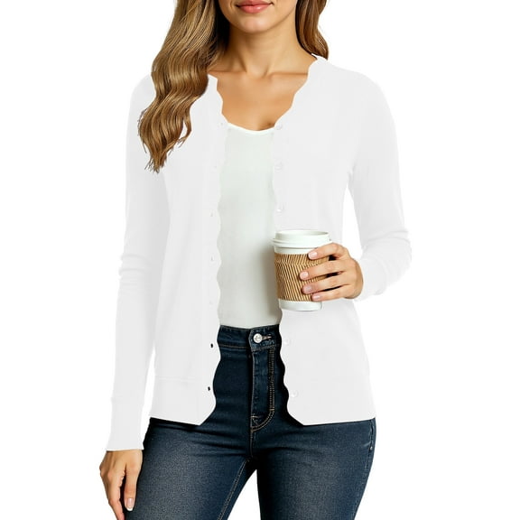 Uvplove Women's Long Sleeve Cardigan V-Neck Oufits Knit Button Down Casual Sweater,White,M-3XL