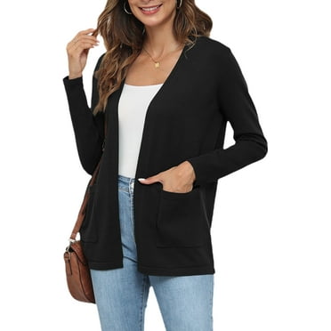 Uvplove Women's Long Sleeve Open Front Knit Cardigan Sweater with Pockets Black-XL