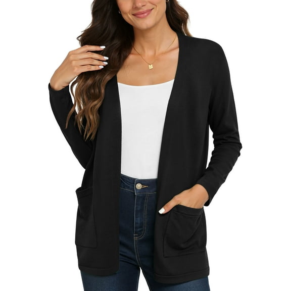 Uvplove Women's Long Sleeve Open Front Knit Cardigan Sweater with Pockets Black-XL,S-2XL