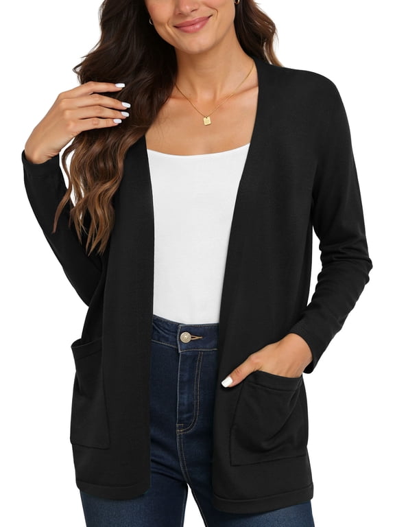 Women's Long Sleeve Open Front Knit Cardigan Sweater with Pockets Black-XXL,S-2XL