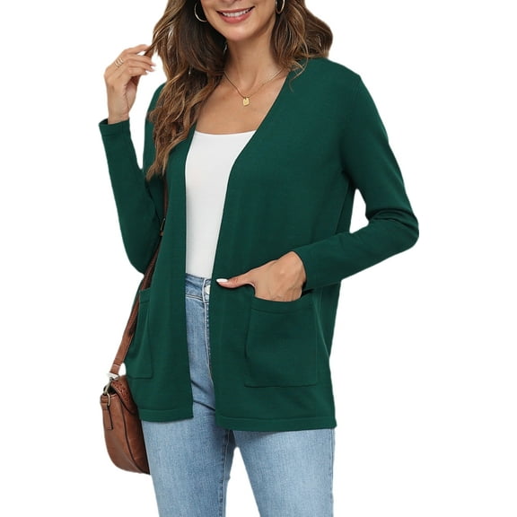 Uvplove Women's Long Sleeve Open Front Knit Cardigan Sweater with Pockets Dark Green-XL,S-2XL